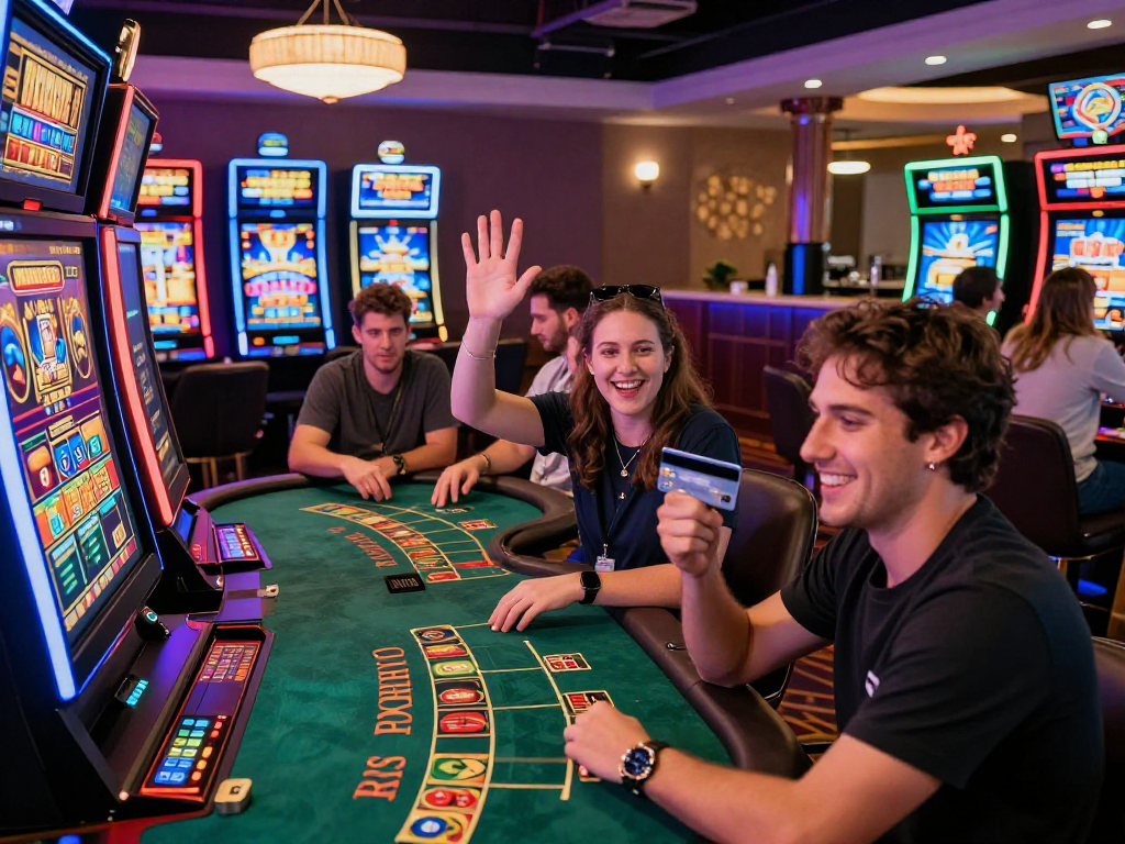 Engaged players at credit card deposit casinos celebrating wins in dynamic lively atmosphere.