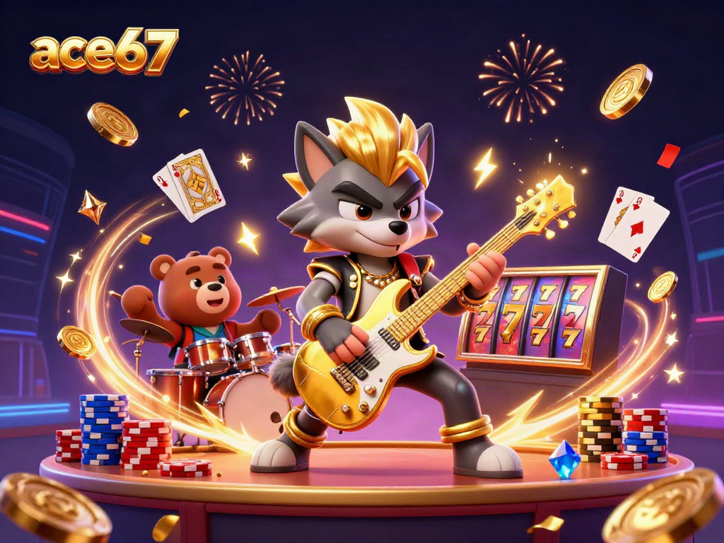 Experience thrilling gameplay with ace67 as dynamic casino characters celebrate wins and showcase vibrant slot machines.