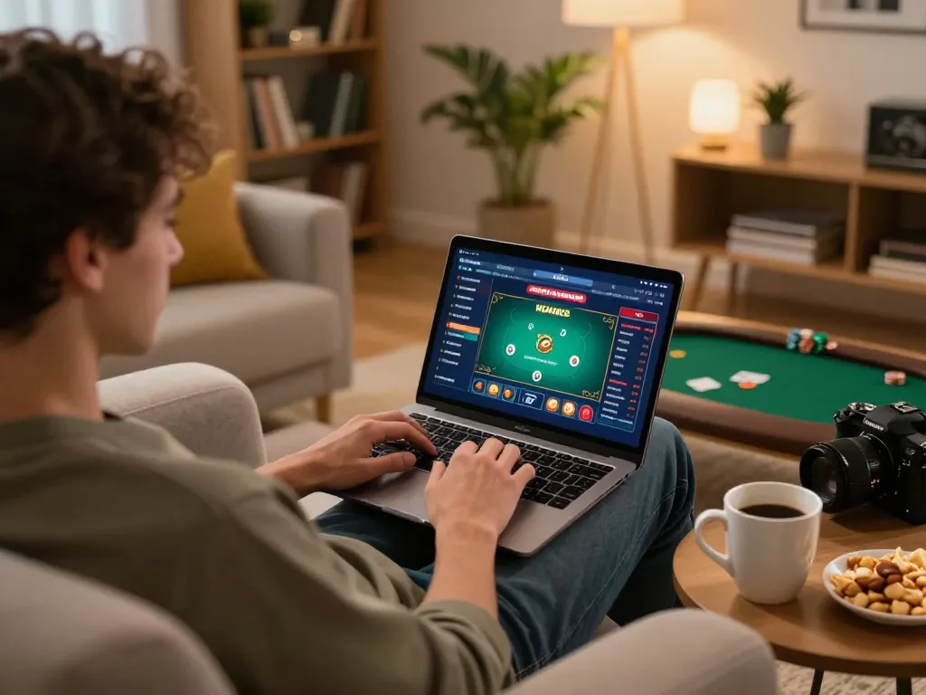 Player enjoying Soc88 online poker game at home with laptop and snacks, showcasing engaging gaming session.