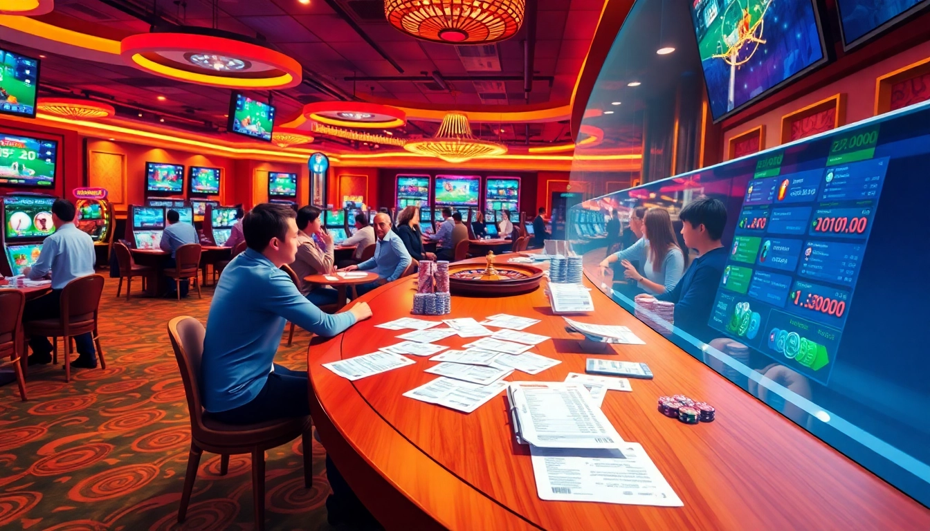 dabet thể thao action with players excitedly placing bets in a vibrant casino, showcasing dynamic sports events.