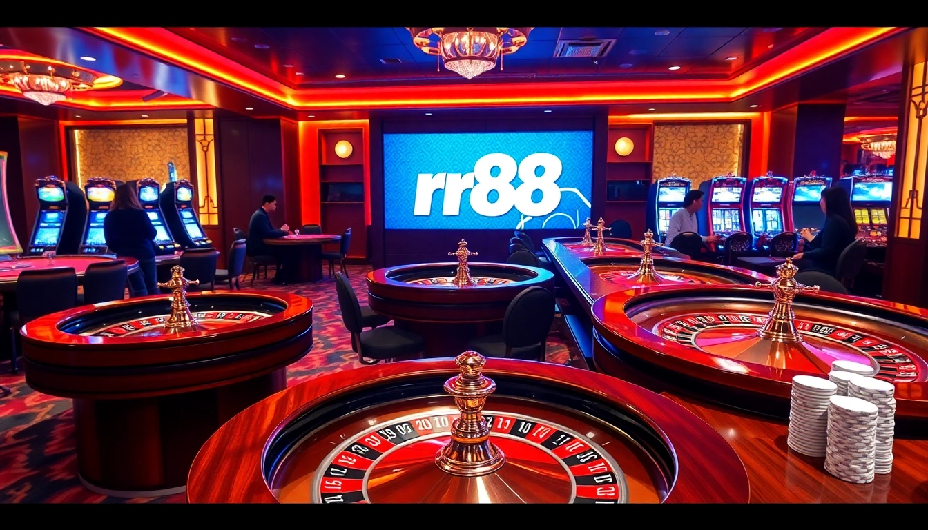 Excited players enjoying a luxury casino experience at rr88 with roulette wheels and poker chips.