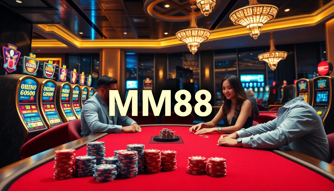 MM88 casino players engaging in a high-stakes game with vibrant poker tables and slot machines.