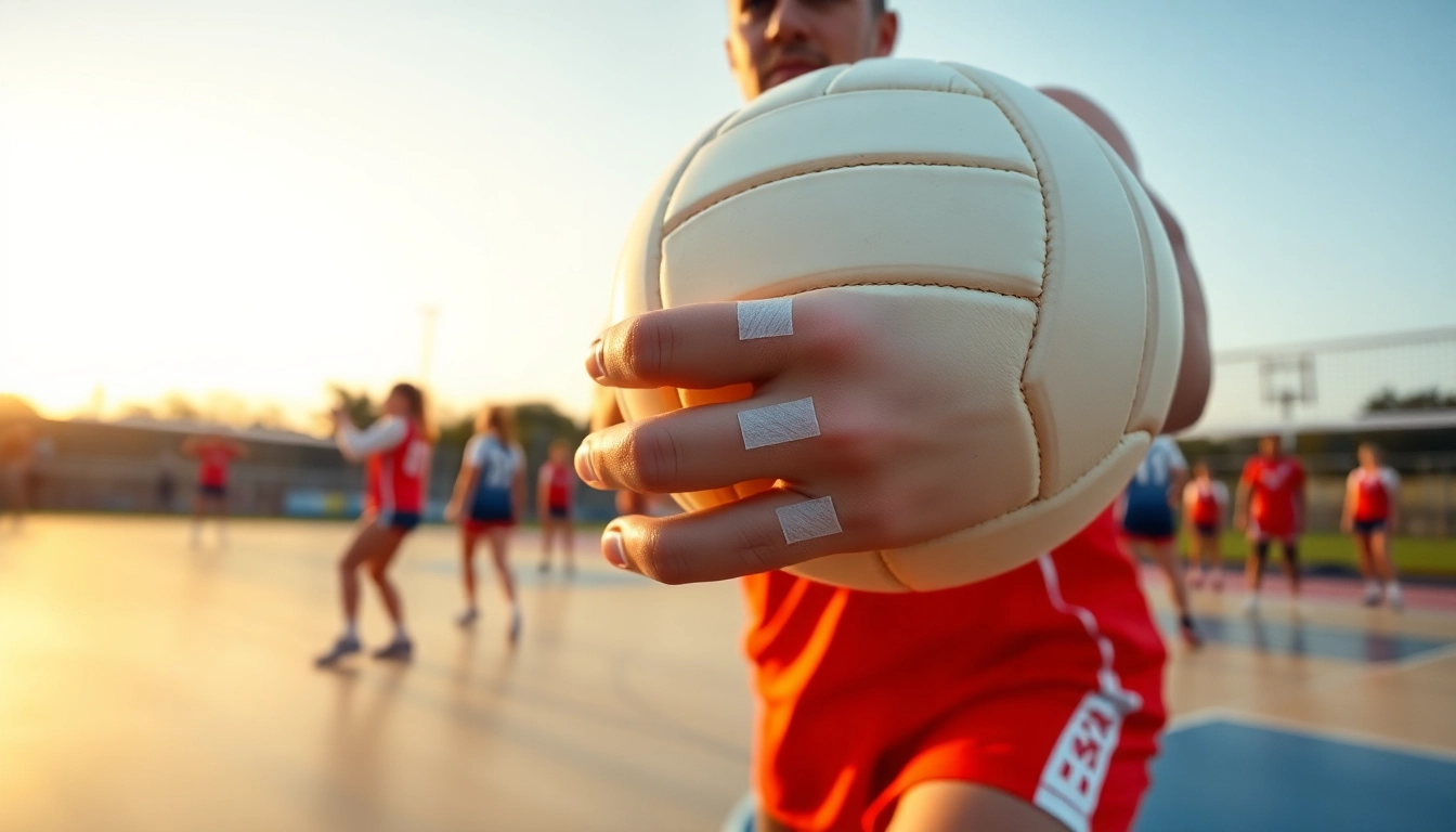 Volleyball thumb taping technique showcased by an athlete during a game, emphasizing sport support.