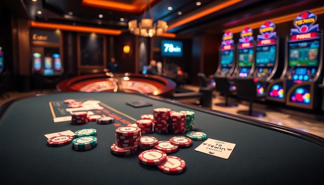 Engaging players at a luxurious 78win casino table with chips and cards.