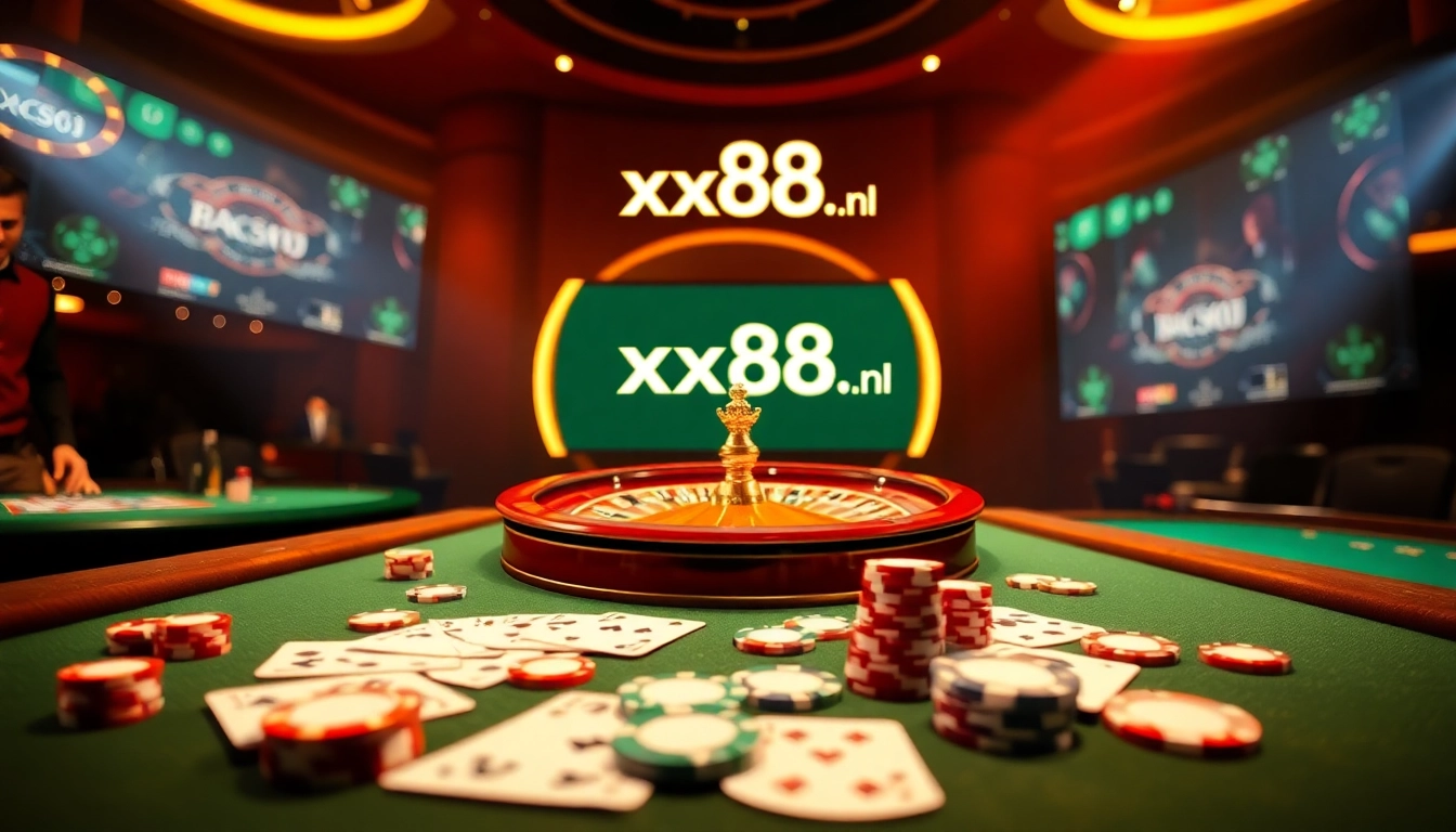 Exciting gaming action at https://xx88.nl/ featuring roulette and poker chips in a luxurious casino setting.