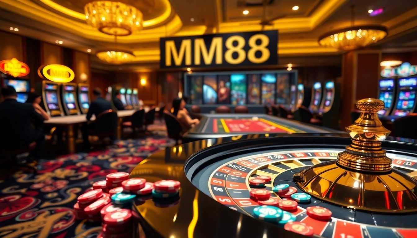 Experience the excitement of MM88 with vibrant gambling visuals of roulette and poker action.