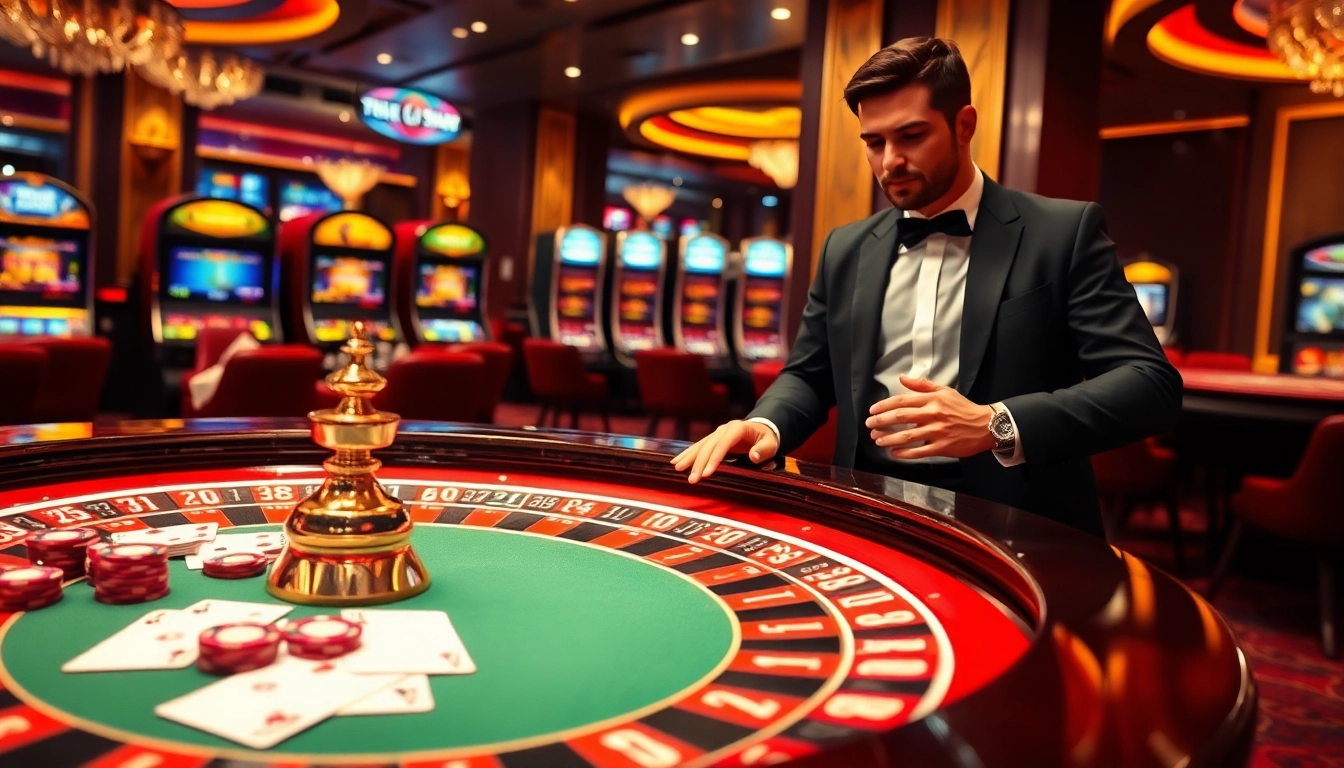 A captivating casino atmosphere at TV88 featuring a roulette table, vibrant chips, and professional dealers.
