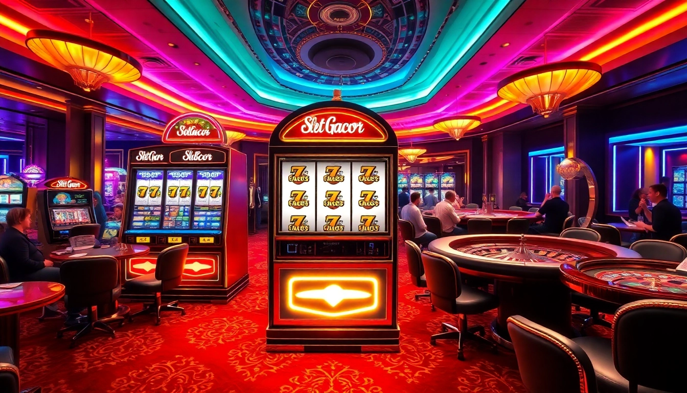 Players celebrating big wins at the Slot Gacor machine in a lively casino atmosphere.