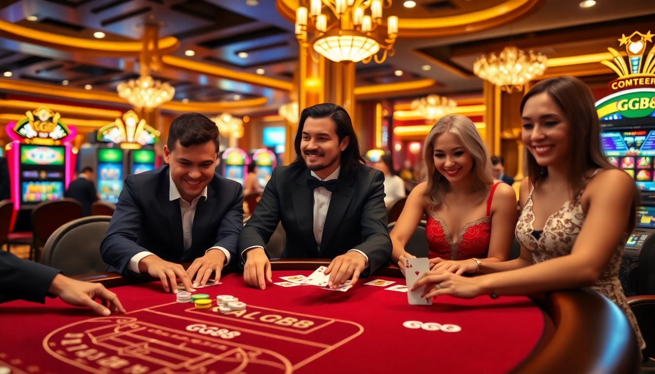 Players enjoying high-stakes games at a GG88 casino table in a vibrant setting.