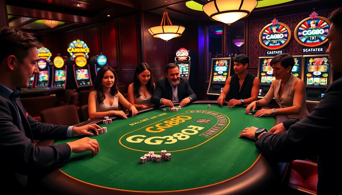 Players enjoying an exciting game at the GG88 casino table, surrounded by vibrant slot machines.