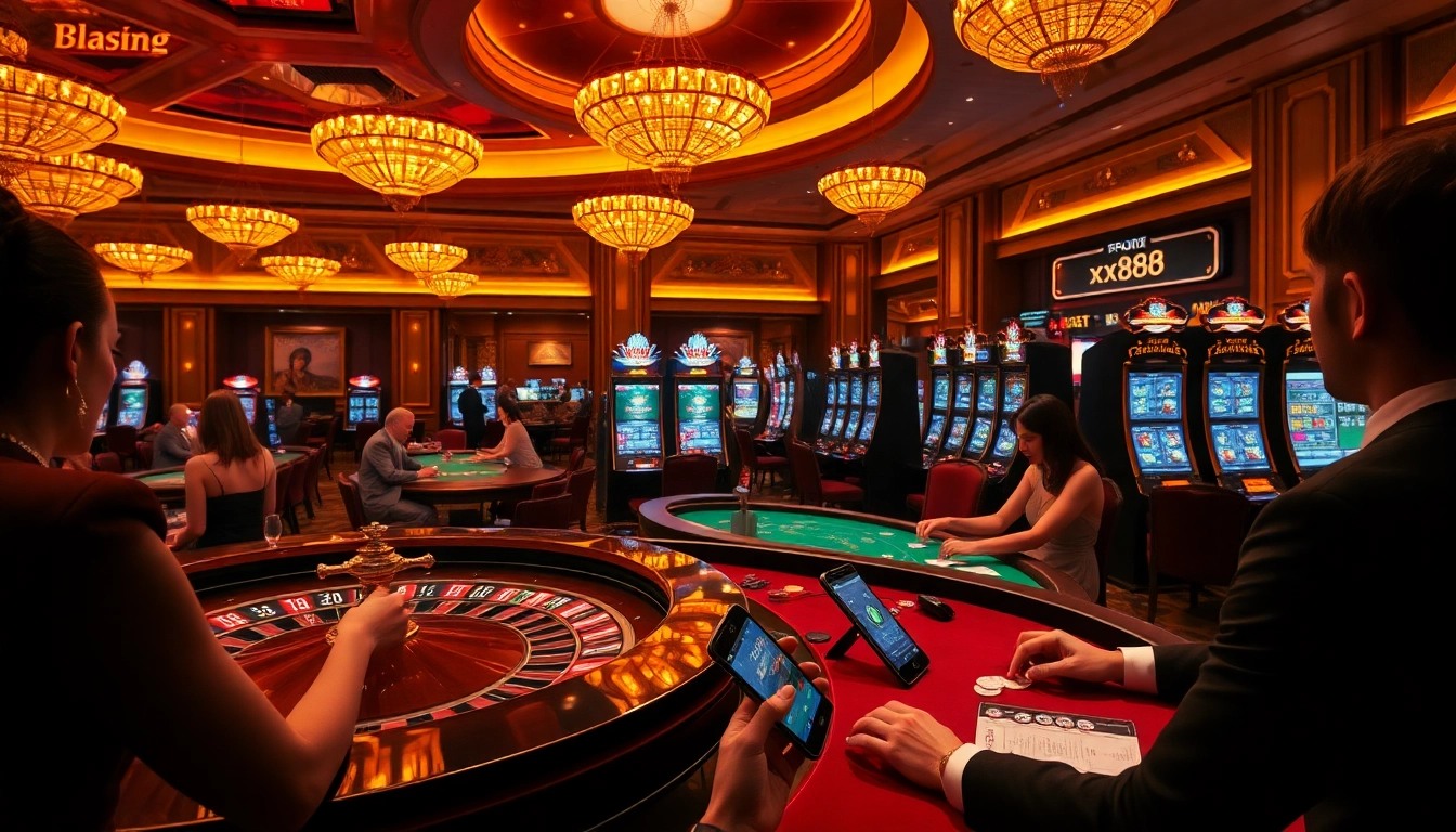 Exciting gambling scene at xx88 casino with vibrant slot machines and elegant players.