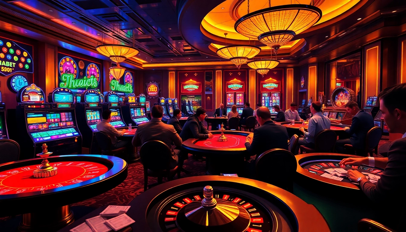 Experience the excitement of THABET with engaged players at poker tables in a vibrant casino scene.