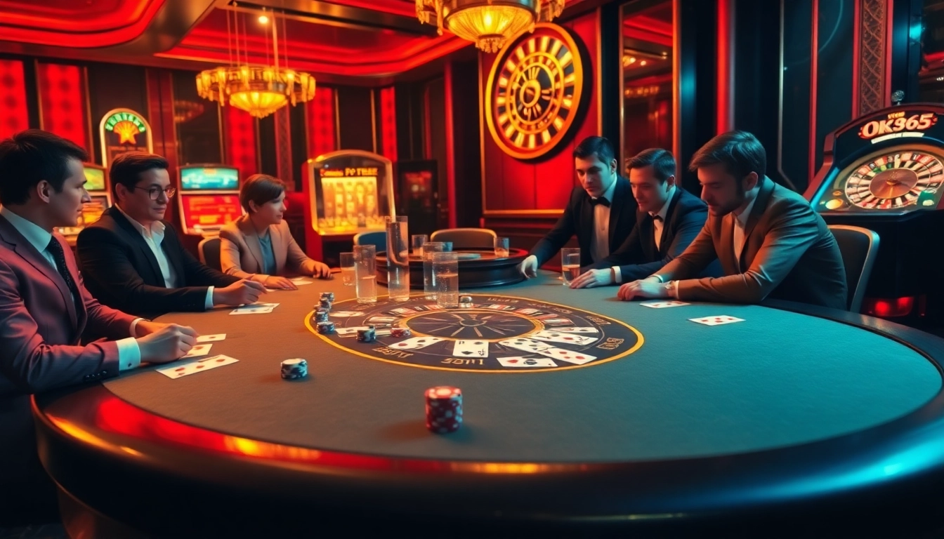 Action-packed poker game at OK365 casino with vibrant lights and professional players.