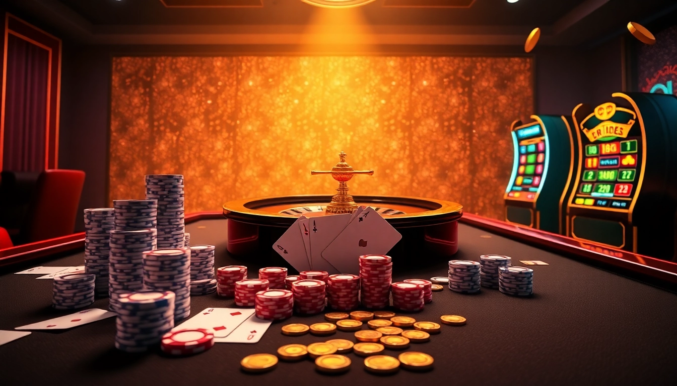 Experience the thrill of gambling at https://rr88it.com/ with vibrant casino visuals showcasing poker chips, cards, and roulette wheels.