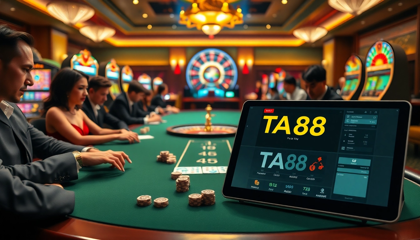 Experience thrilling gameplay at TA88 with vibrant casino elements, poker chips, and roulette excitement.