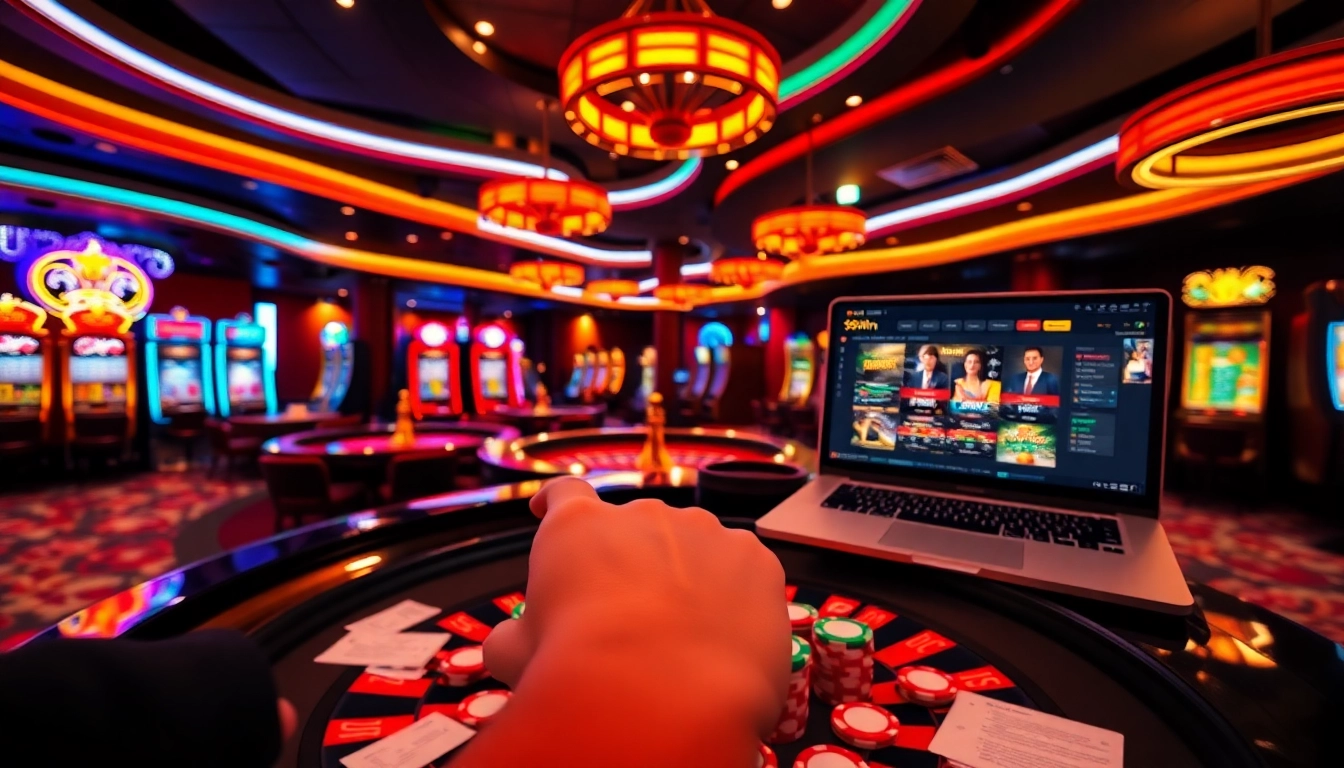Experience excitement and luxury at 98win com casino, featuring roulette and slot machines.