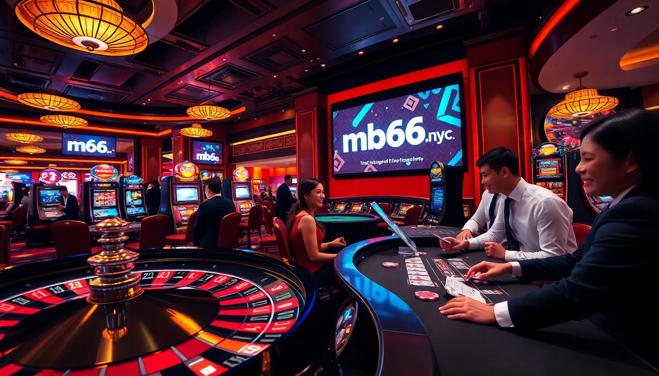 An exciting gambling scene at mb66.nyc featuring lively players at poker and slot machines.