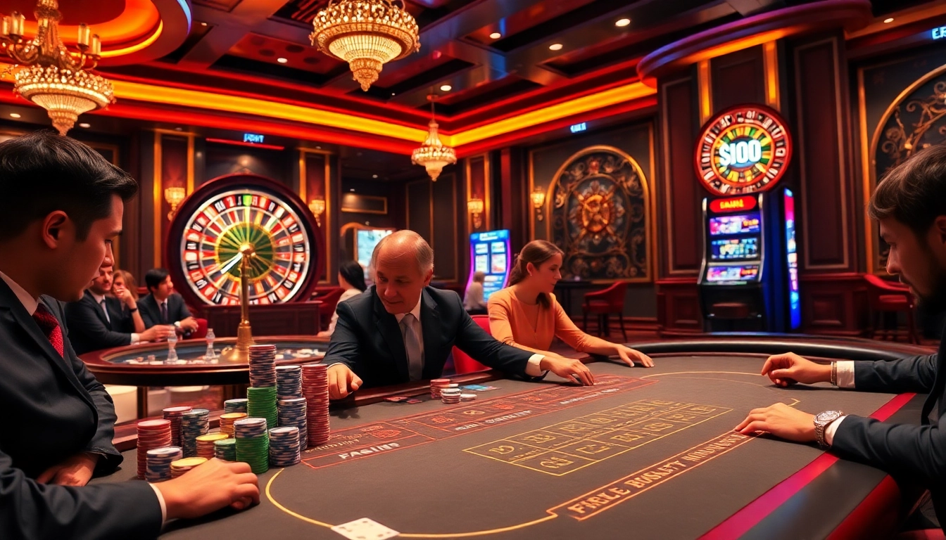 Bet at FIVE88 with vibrant casino tables, lively players, and exciting slot machines.