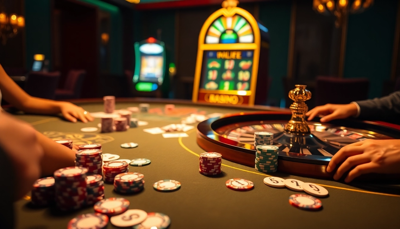 Exciting gameplay at xx88 com with vibrant casino tables and poker chips in action.