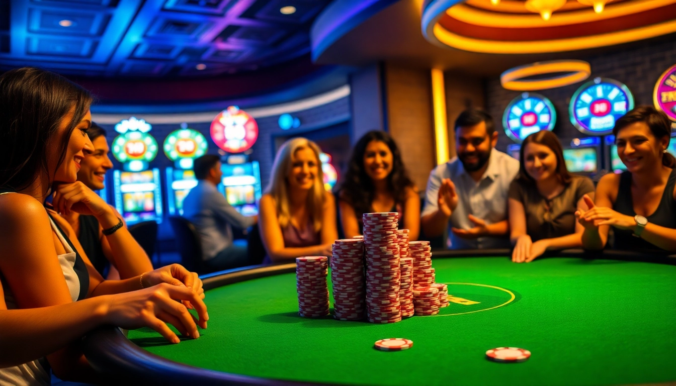 Players strategize at a lively 88i-themed poker table in a vibrant casino atmosphere.