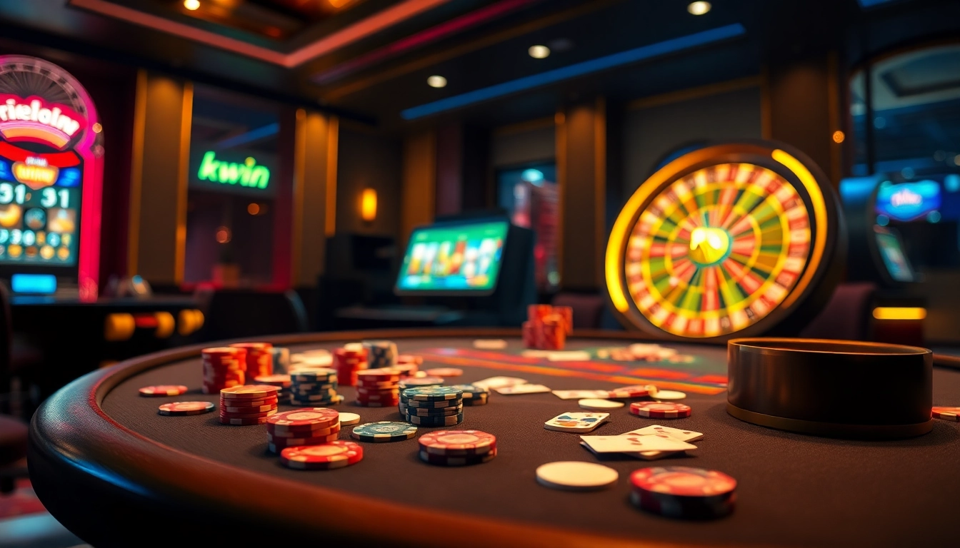 Kwin poker chips and cards spread over a luxury casino table, highlighting excitement.