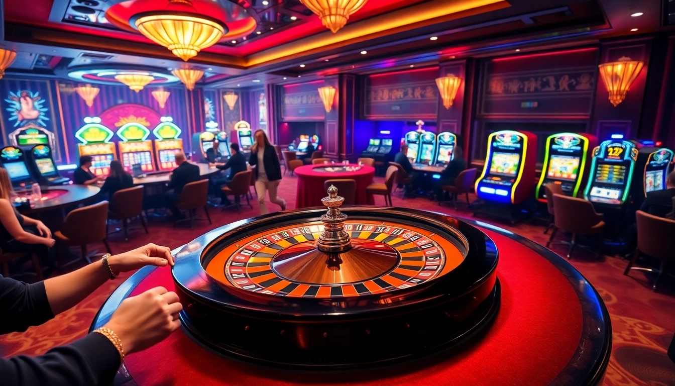 Gamblers enjoying a thrilling moment at the roulette table with vn23 elements incorporated in the casino atmosphere.
