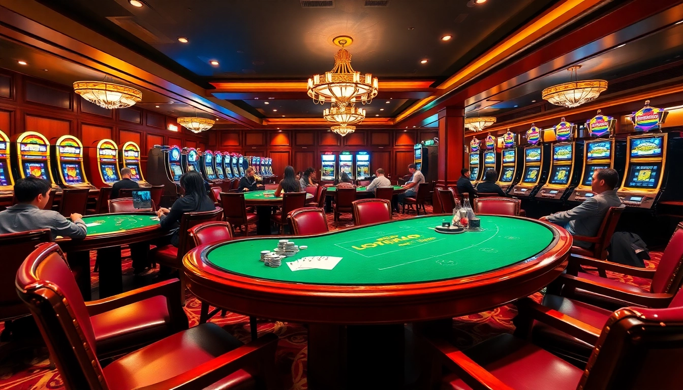 Players strategizing at b52club with vibrant casino tables and colorful slot machines.