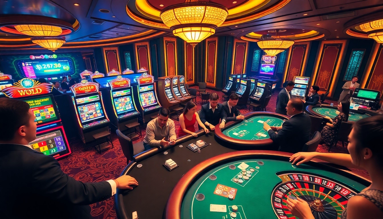 Players enjoying a vibrant casino atmosphere at tai w88, featuring gaming tables and exciting slot machines.