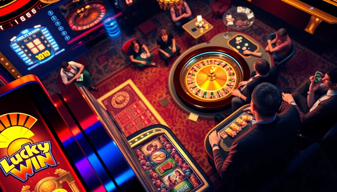 Feel the excitement of luckywin at a vibrant casino table with players and a spinning roulette wheel.
