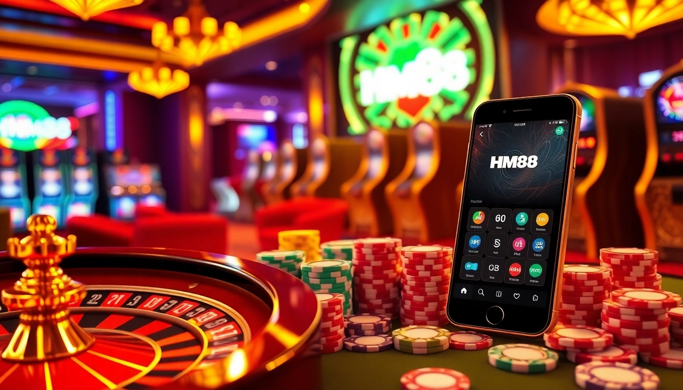 Exciting online gambling scene with Nhà cái Hm88, featuring roulette, poker chips, and a smartphone interface.