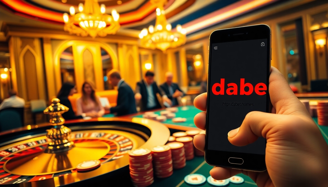 Exciting casino scene featuring players at the table with https://dabet.homes displayed on a phone.