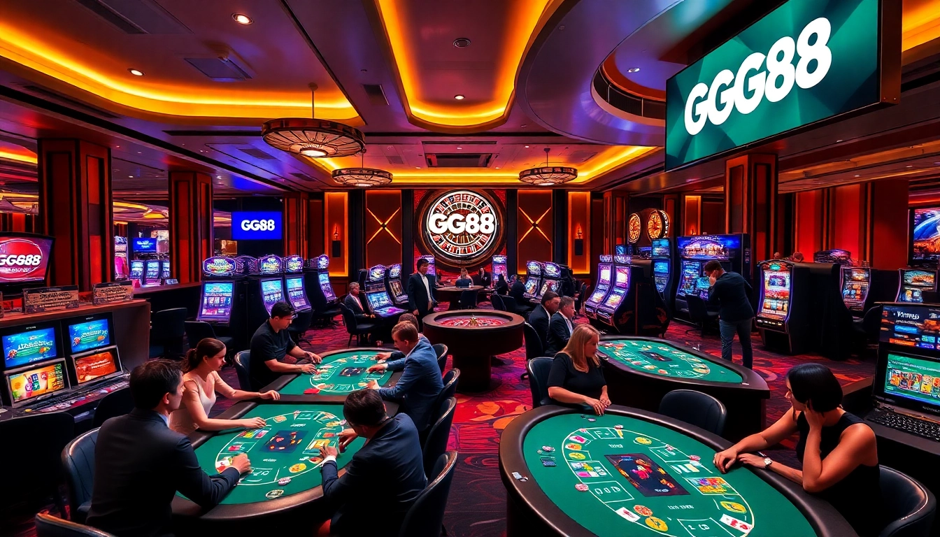 Engaged players enjoying vibrant casino games at GG88, showcasing poker tables and slot machines.