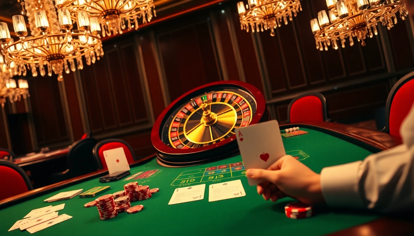 Exciting GO 88 gaming interface featuring roulette, poker chips, and cards in a luxurious casino.