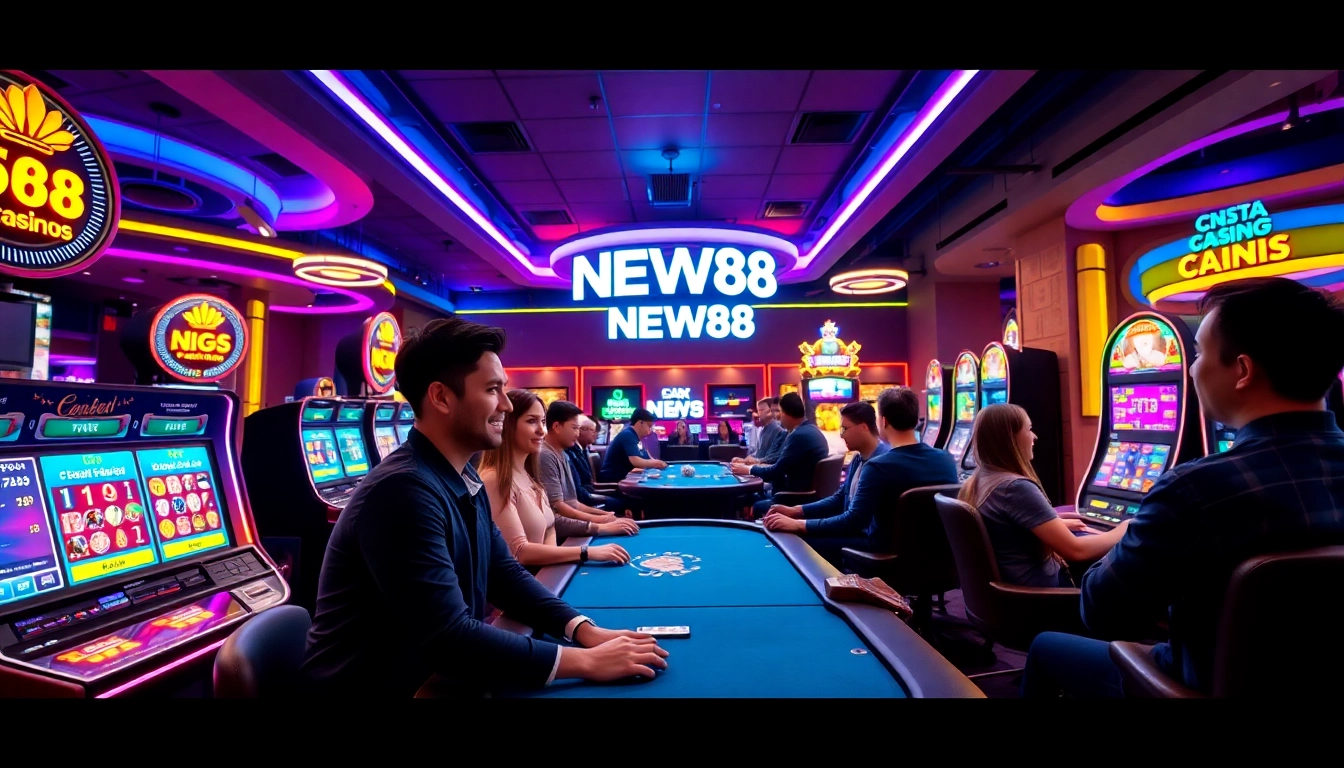 Engaging casino scene featuring players at new88go.com, showcasing thrilling games and vibrant atmosphere.