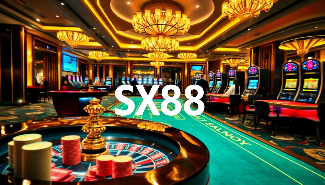 SX88-themed casino atmosphere with players at poker tables and vibrant slot machines.