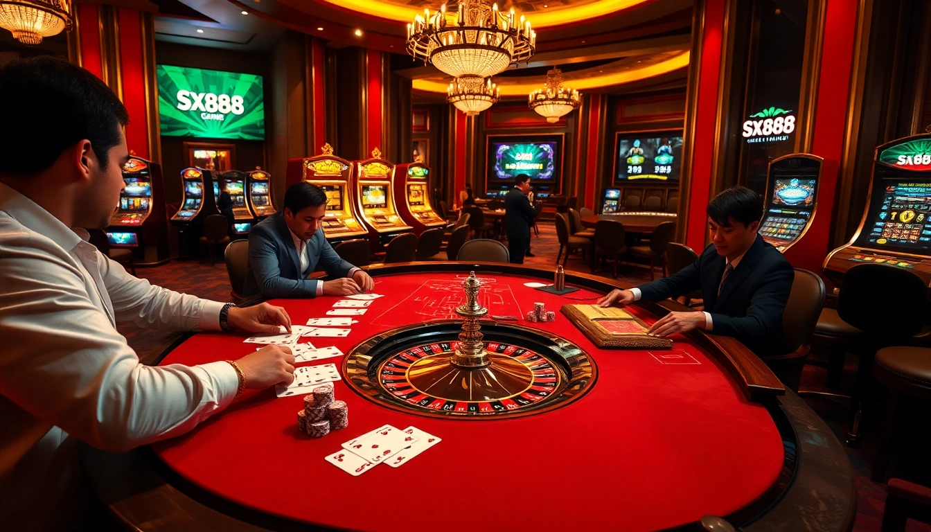 Experience an exciting poker game at SX888 casino with vibrant chips and cards.