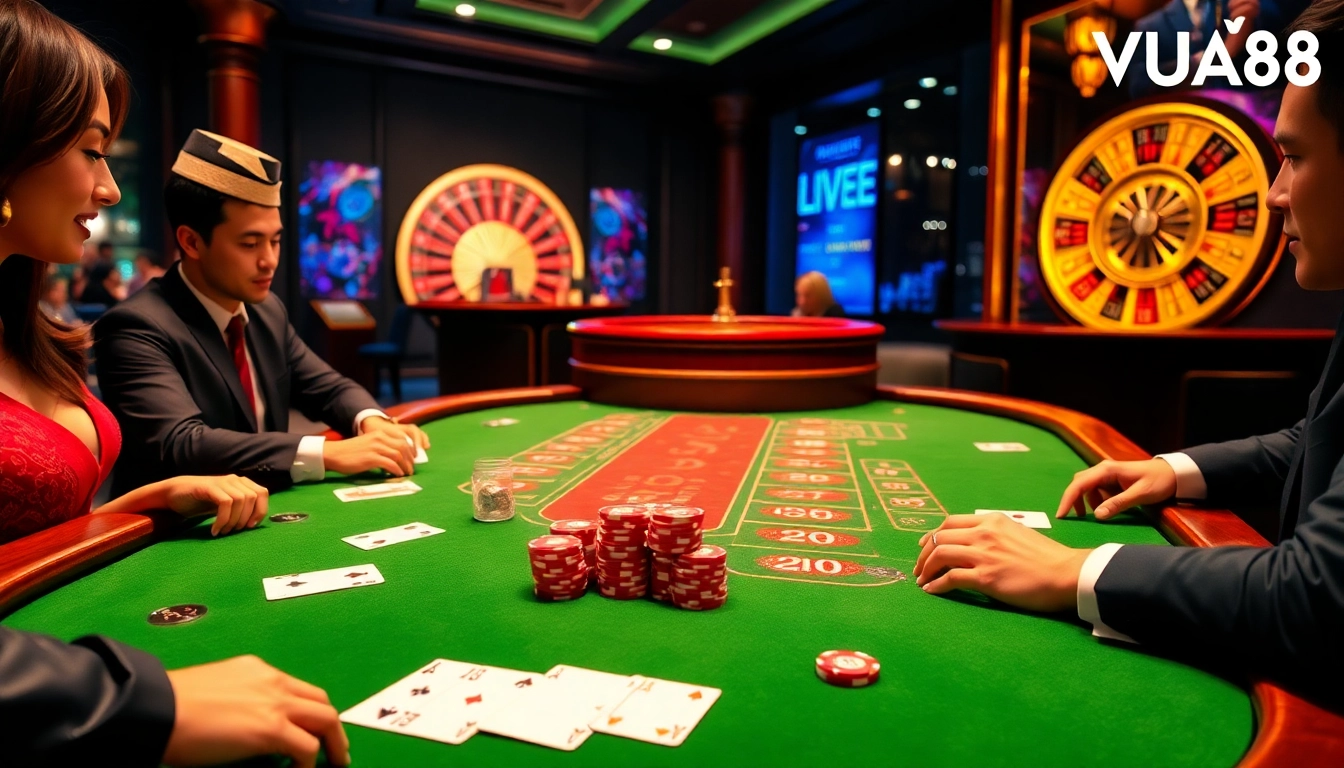 Experience thrilling online poker and blackjack at https://vua88h.com/ with elegant players at a luxurious casino table.