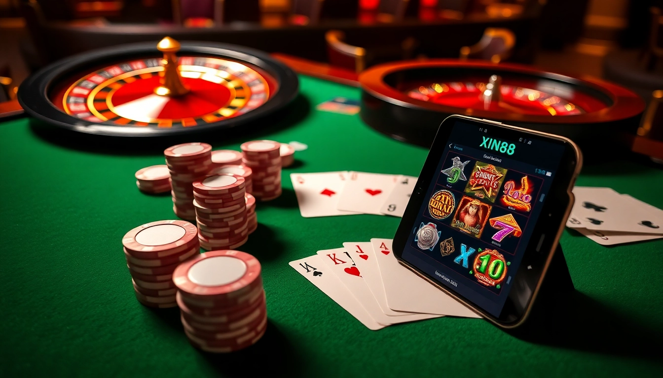 XIN88 đăng nhập with vibrant casino elements including roulette wheel, poker cards, and smartphone interface.
