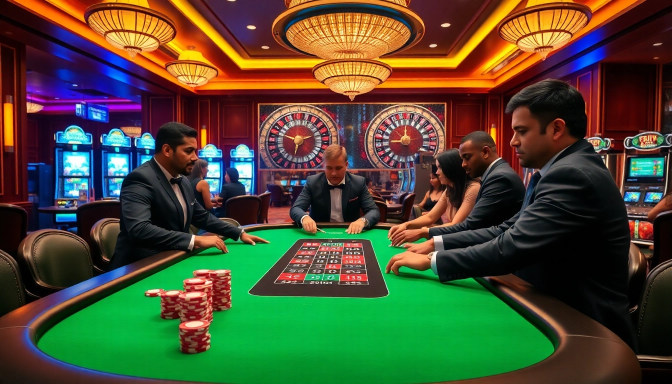 Experience thrilling casino action at kjc com with players engaged around a vibrant gambling table.