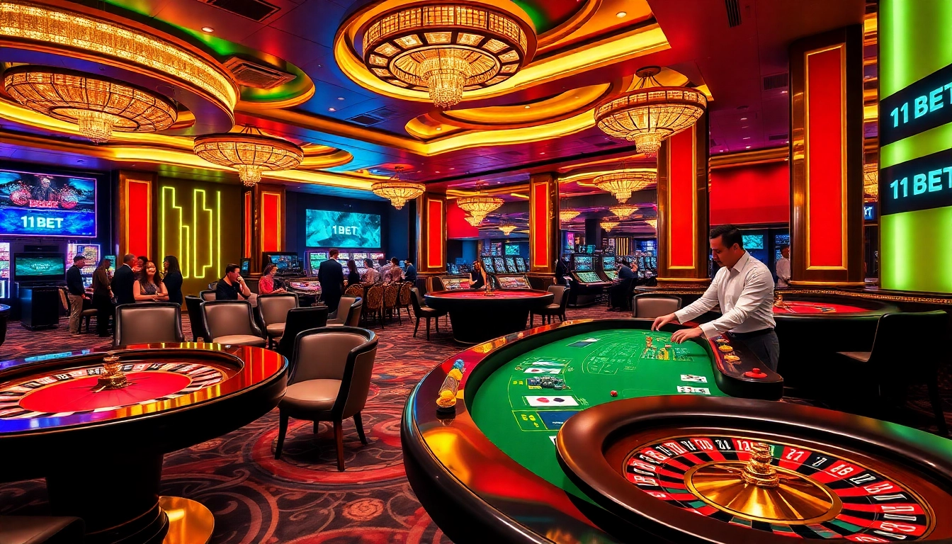 Experience the thrill of 11BET with a lively casino scene showcasing exciting games.