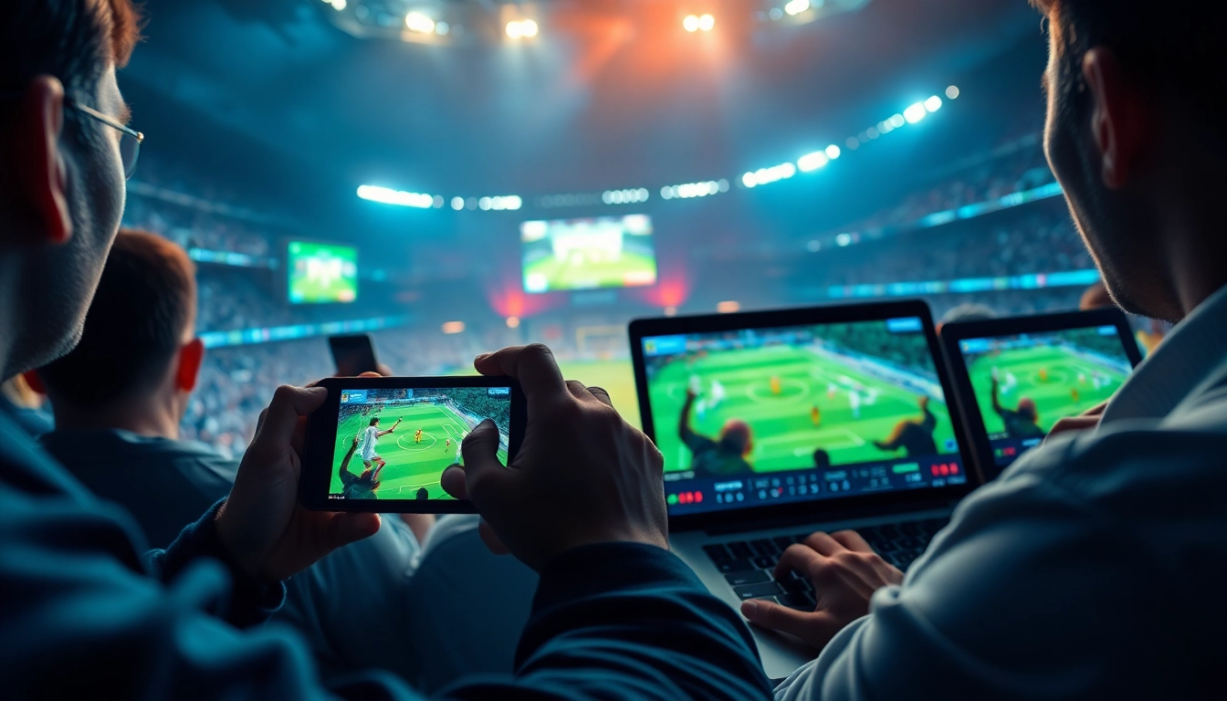 A dynamic scene of sports fans enjoying live soccer streaming on joemadfan.com across multiple devices.