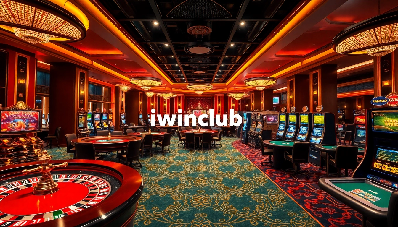 iwinclub gaming scene with vibrant casino tables, roulette wheels, and slot machines.