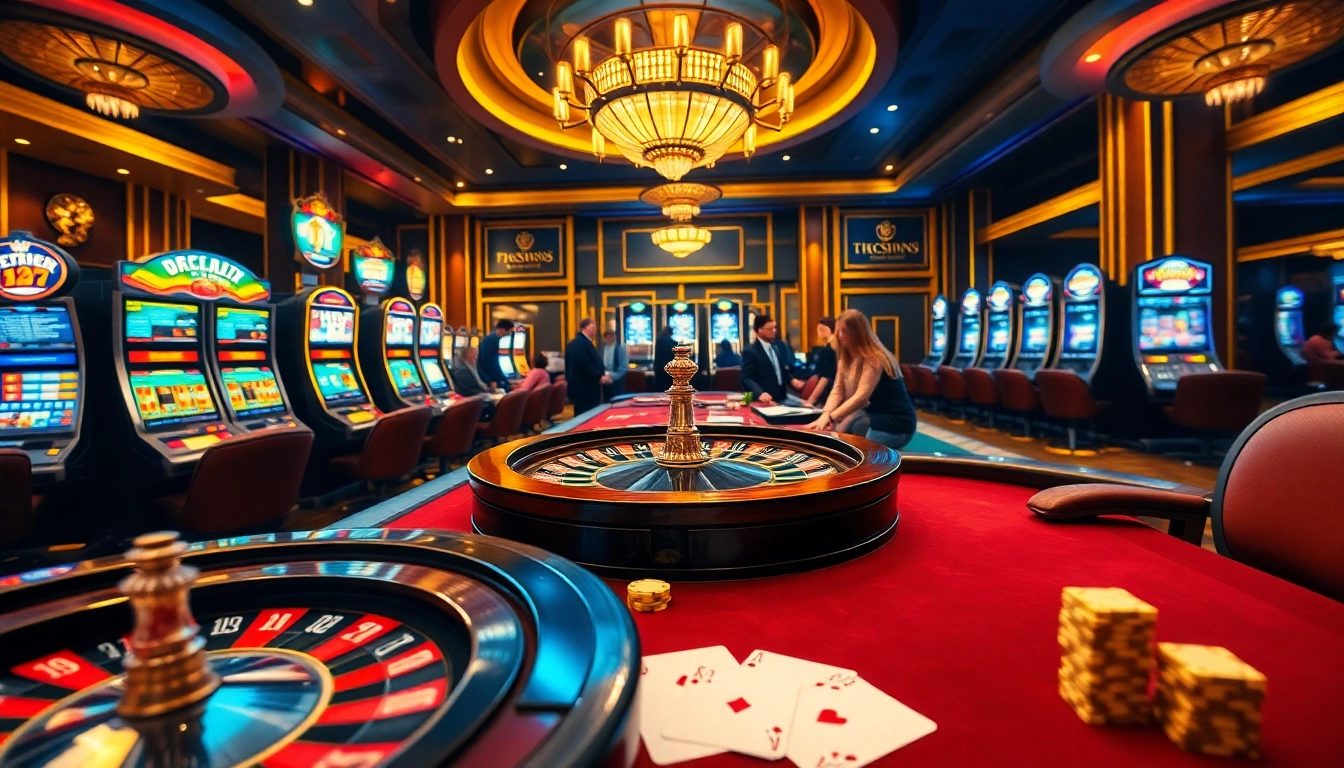 Exciting casino scene with poker players and roulette wheel at https://febet9.club/ highlighting high-stakes gambling.