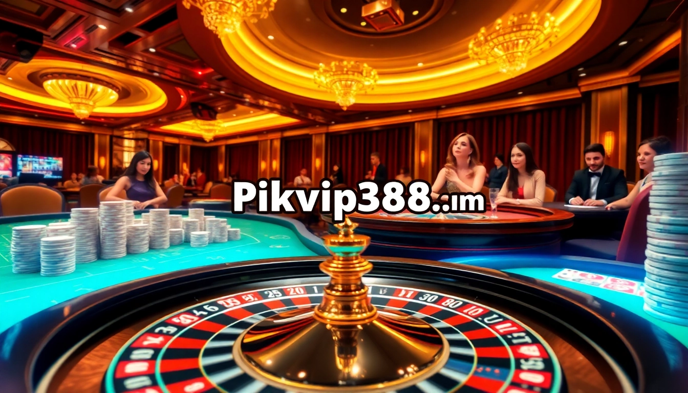Experience thrilling gameplay at rikvip368.com with players enjoying poker and roulette in a glamorous casino.