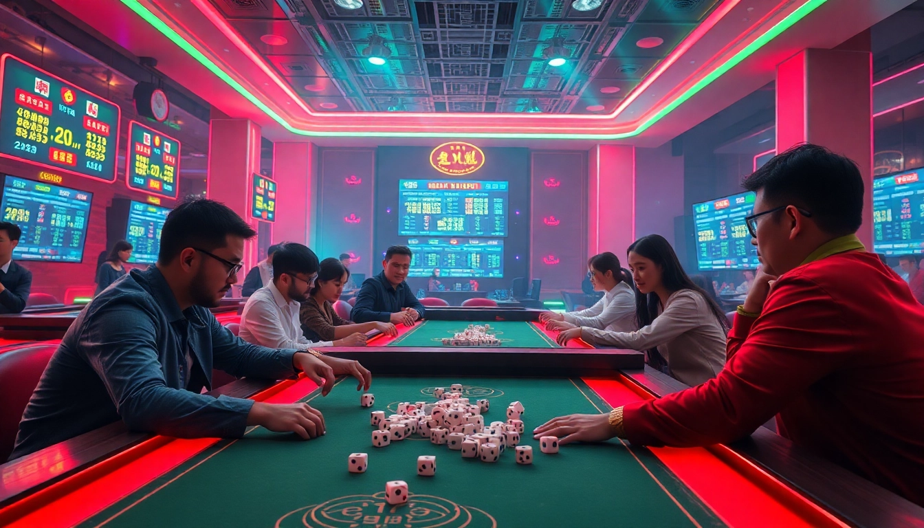 Tài Xỉu game in a vibrant setting, showcasing players engaged in high-stakes action with dice and chips.