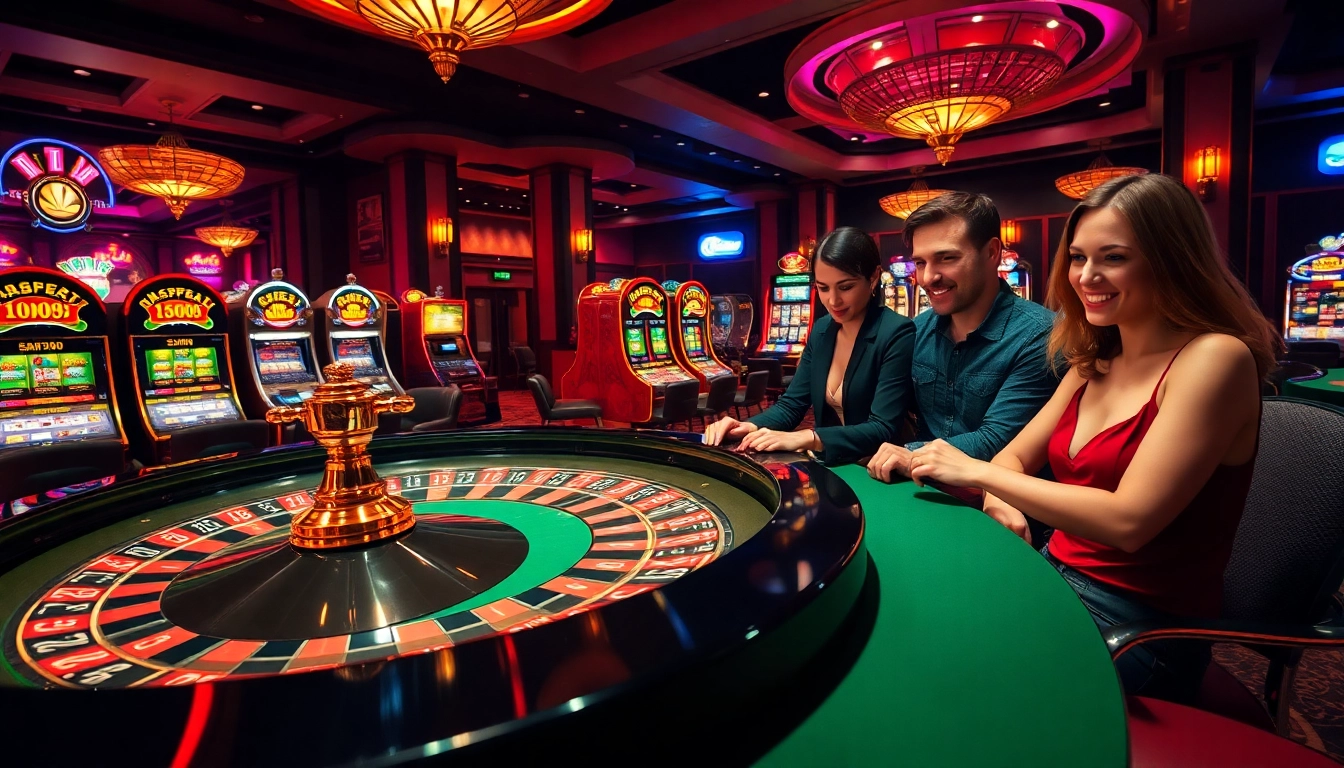 Engage with the thrilling roulette action at 32Win casino, showcasing vibrant players and elegant gaming tables.
