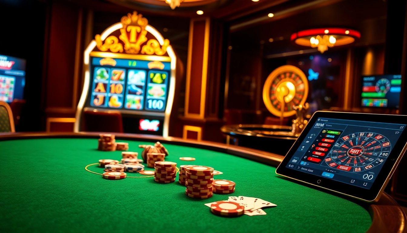 Experience the thrill of gambling with Rikvip, featuring a luxurious casino scene with poker chips and digital betting.
