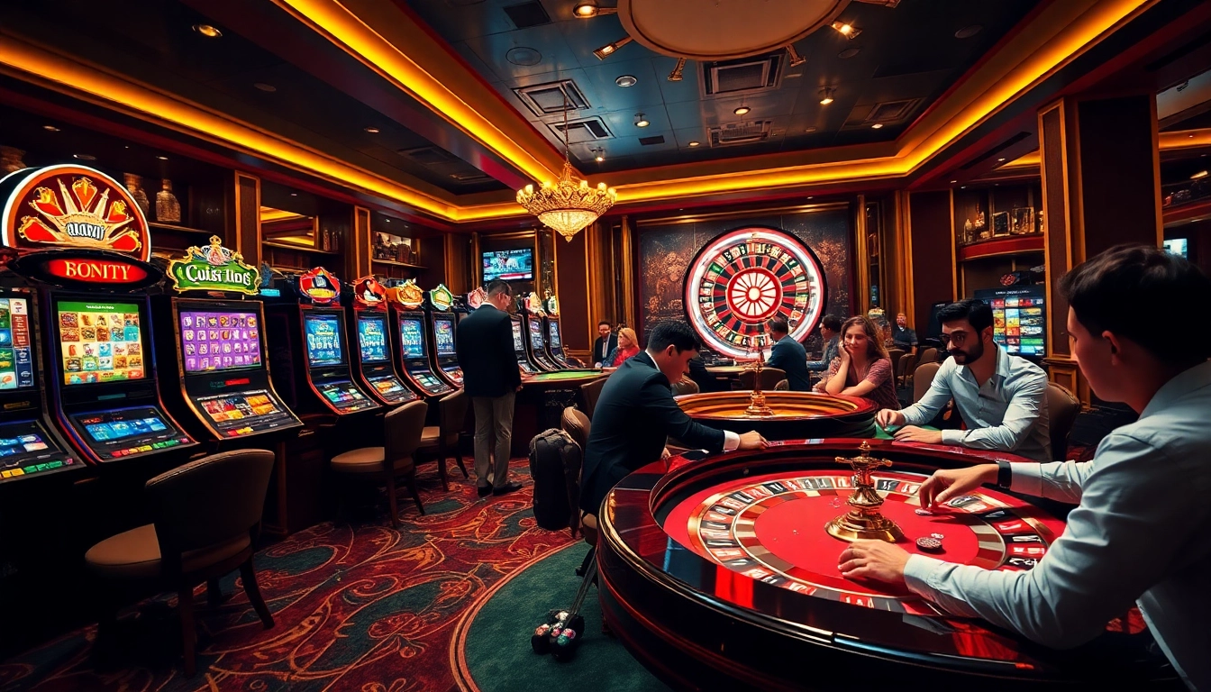 Engaging gamblers at the luxurious casino showcasing games like slots and roulette inspired by https://rr88.navy/.