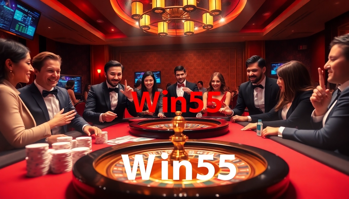 Players engaging in a thrilling game at a Win55 casino table with vibrant poker chips and cards.