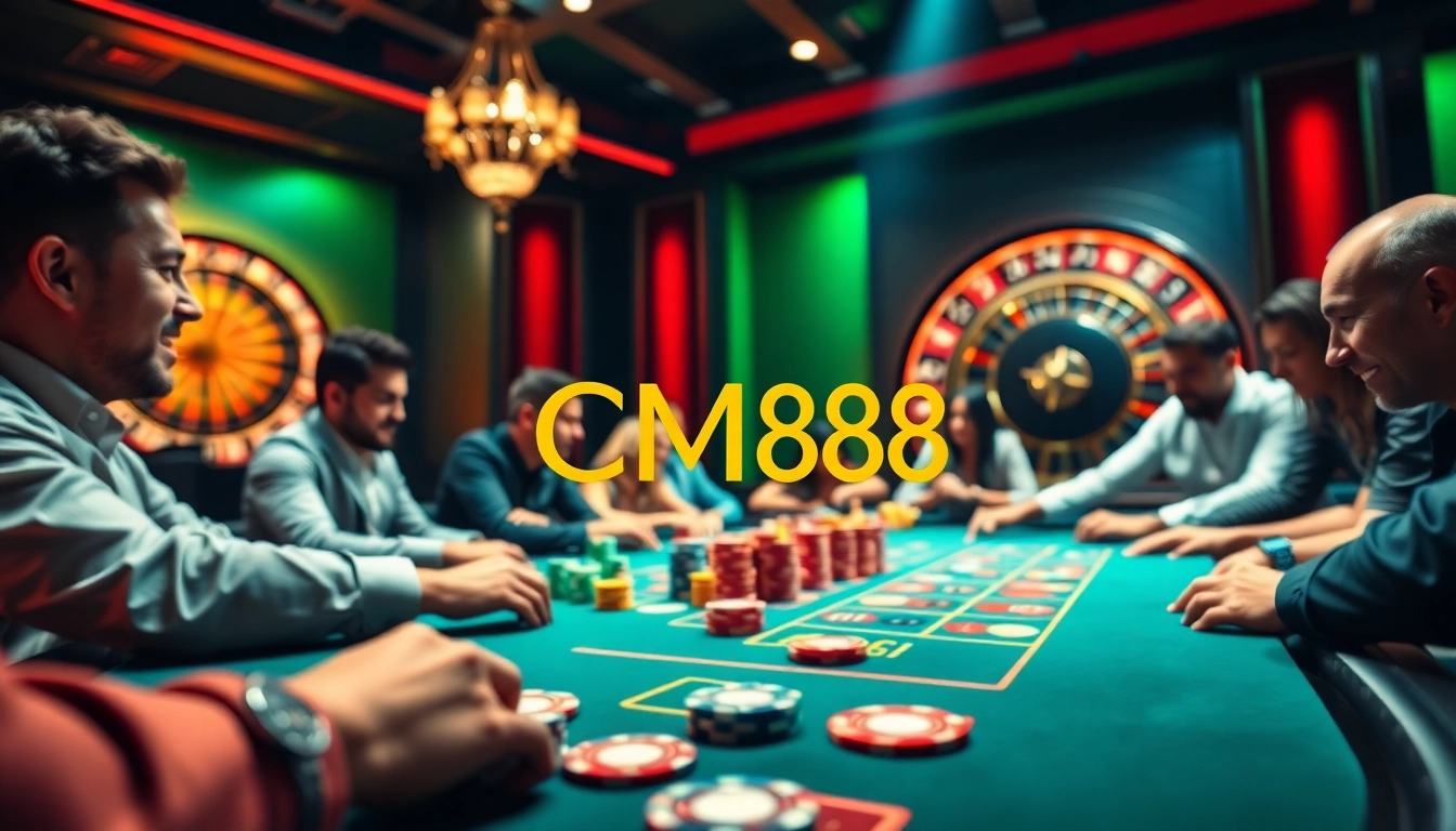 Exciting poker game at a casino with elegant CM88 branding and vibrant chips stacked high.